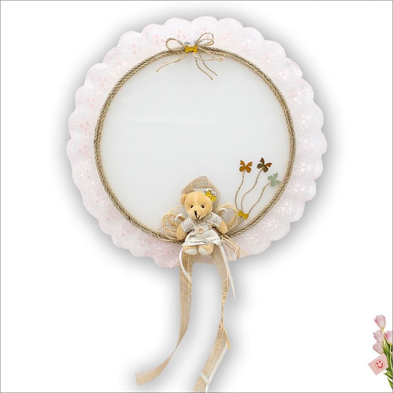 Güpürlü ve Ayıcıklı 37cm Kasnak Kapı Süsü - Pembe