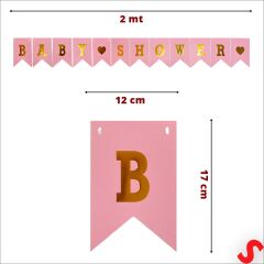 Baby Shower Altın Baskılı Bayrak Flama, 2 mt - Pembe