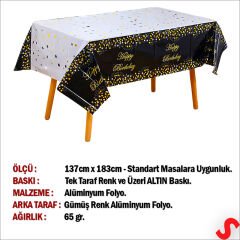 Happy Birthday Altın Baskılı Masa Örtüsü, 137cm x 183cm - Siyah