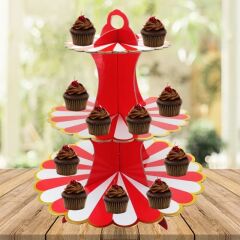 CupCake Standı, 3 Katlı, Metalik Altın Çerçeveli Kırmızı