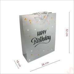 Happy Birthday Gümüş Karton Çanta, 32 x 26 x 10 cm - 12 Adet
