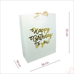 Happy Birthday Beyaz Karton Çanta, 32 x 26 x 10 cm - 12 Adet