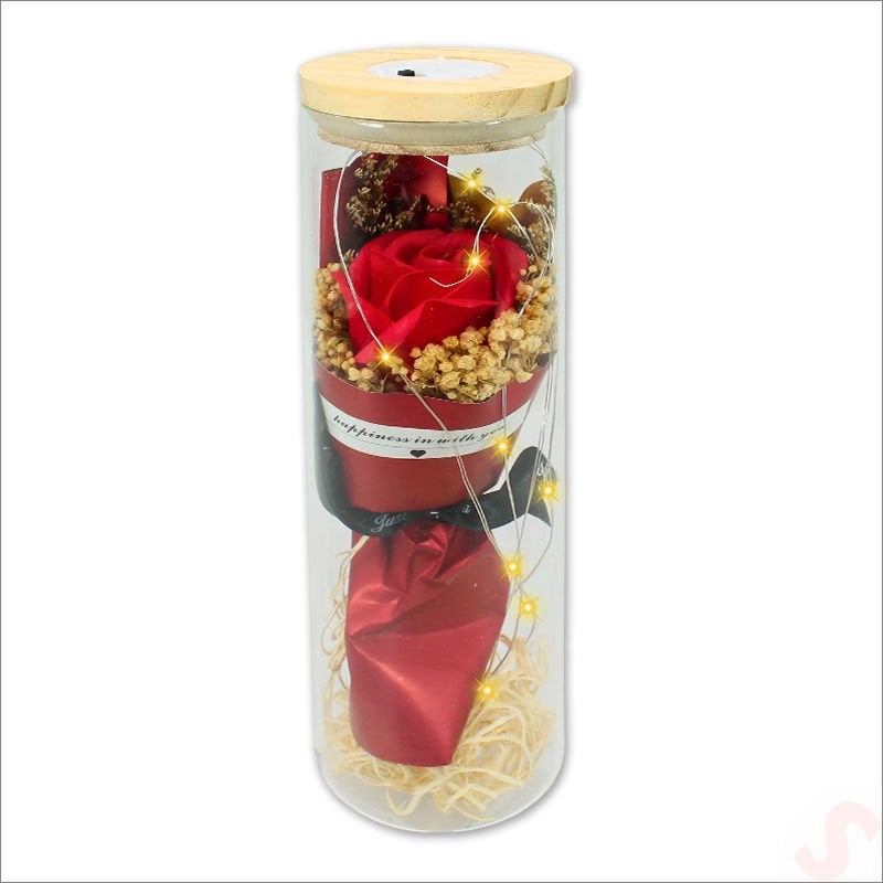 Gül ve Kuru Çiçek Buketli Led Işıklı 23cm x 7cm Cam Fanus, Kırmızı