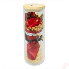 Gül ve Kuru Çiçek Buketli Led Işıklı 23cm x 7cm Cam Fanus, Kırmızı