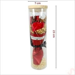 Gül ve Kuru Çiçek Buketli Led Işıklı 23cm x 7cm Cam Fanus, Kırmızı