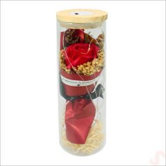 Gül ve Kuru Çiçek Buketli Led Işıklı 23cm x 7cm Cam Fanus, Kırmızı