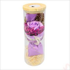 Gül ve Kuru Çiçek Buketli Led Işıklı 23cm x 7cm Cam Fanus, Mor