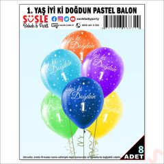 1 Yaş İyi ki Doğdun Çok Renkli Pastel Balon, 30cm x 8 Adet
