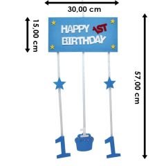 1 Yaş Pastalı Keçe Avize Süs - Mavi -  57,00 cm.