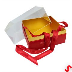 Pleksi Kapaklı Fiyonklu Karton Kutu, 23 x 23 x 17cm - Kırmızı
