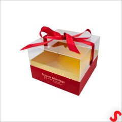 Pleksi Kapaklı Fiyonklu Karton Kutu, 23 x 23 x 17cm - Kırmızı