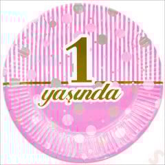 1 Yaşında Karton Tabak, 23cm x 8 Adet - Pembe