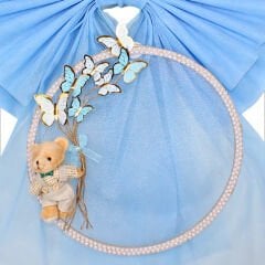 Kasnaklı Tül Fiyonk ve Ayıcıklı 70cm x 55cm Kapı Süsü - Mavi