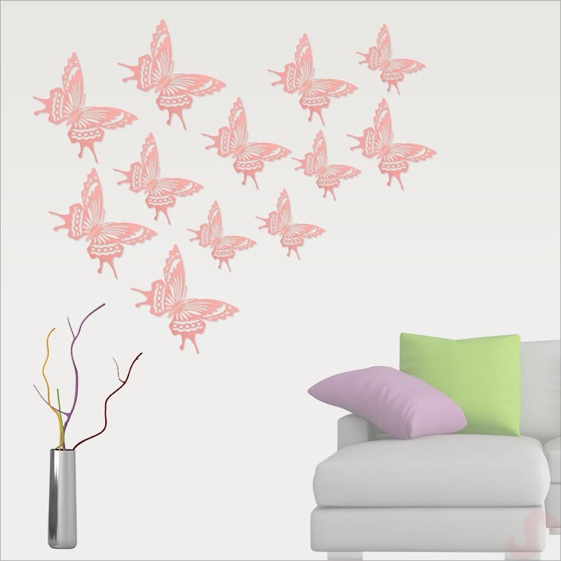 3 Boyutlu Kelebek, Karton Sticker 12 Adet - Pembe