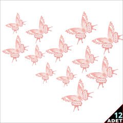 3 Boyutlu Kelebek, Karton Sticker 12 Adet - Pembe