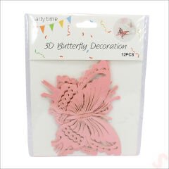 3 Boyutlu Kelebek, Karton Sticker 12 Adet - Pembe