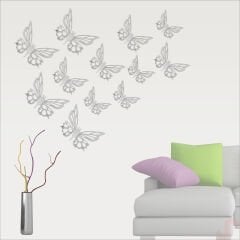 3 Boyutlu Kelebek, Karton Sticker 12 Adet - Metalik Gümüş