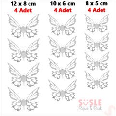 3 Boyutlu Kelebek, Karton Sticker 12 Adet - Metalik Gümüş
