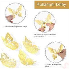 3 Boyutlu Kelebek, Karton Sticker 12 Adet - Metalik Gümüş