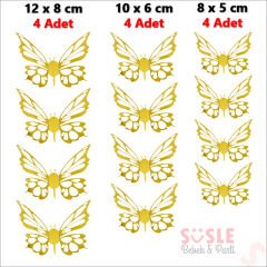 3 Boyutlu Kelebek, Karton Sticker 12 Adet - Metalik Altın