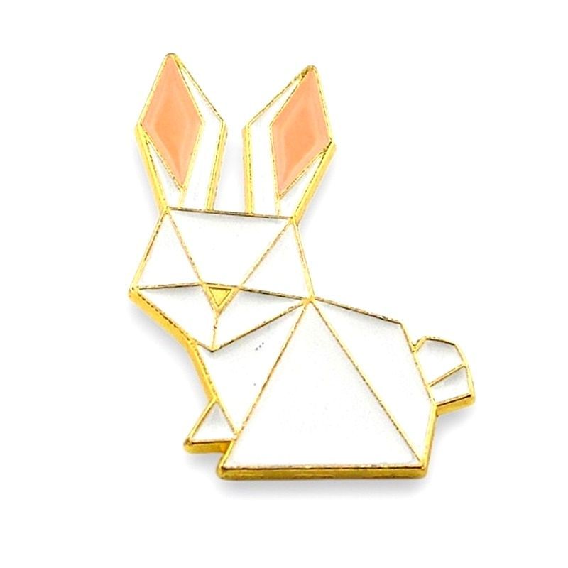 Origami Hayvan Figürü Beyaz Tavşan Geometrik Metal Yaka Çanta Süsü Rozet RZ371