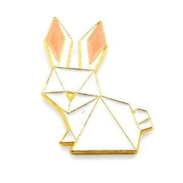 Origami Hayvan Figürü Beyaz Tavşan Geometrik Metal Yaka Çanta Süsü Rozet RZ371