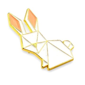 Origami Hayvan Figürü Beyaz Tavşan Geometrik Metal Yaka Çanta Süsü Rozet RZ371