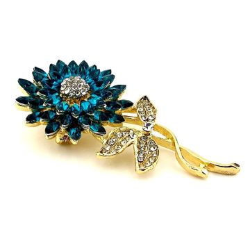 Ay Çiçeği Sunflower Mavi Zirkon Taşlı Çiçek Metal Yaka Süsü Broş RZ378