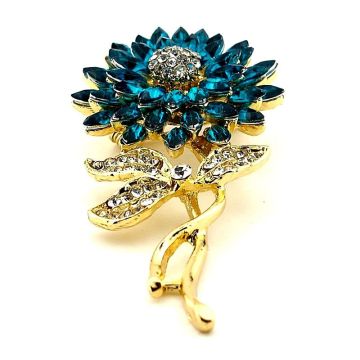 Ay Çiçeği Sunflower Mavi Zirkon Taşlı Çiçek Metal Yaka Süsü Broş RZ378