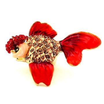 Kırmızı Japon Balığı Goldfish İyi Şans Simgesi Zirkon Taşlı Metal Broş RZ384