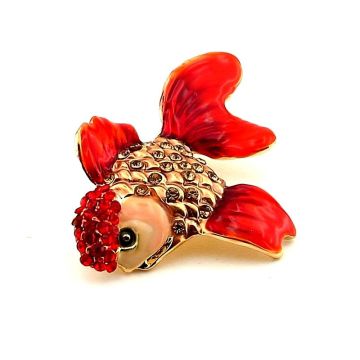 Kırmızı Japon Balığı Goldfish İyi Şans Simgesi Zirkon Taşlı Metal Broş RZ384