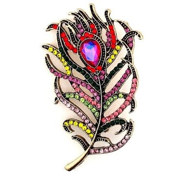 Tavus Kuşu Tüyü Şans Zümrüdü Anka Pembe Renkli Zirkon Taşlı Broş RZ389