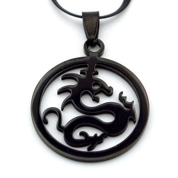 Ejderha Dragon İtalyan Yassı Siyah Çelik Erkek Kolye Q0694