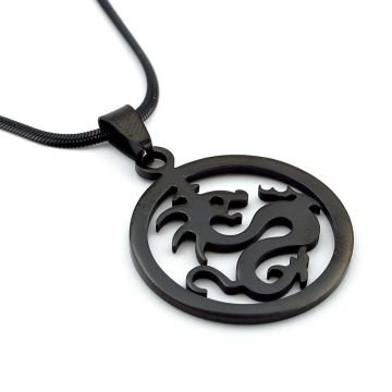 Ejderha Dragon İtalyan Yassı Siyah Çelik Erkek Kolye Q0694