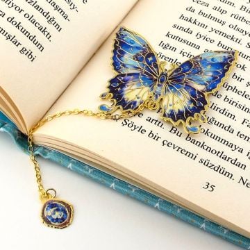 Lacivert GeceTonları Kelebek Altın Rengi Metal Kitap Ayracı Zincirli AY003