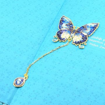 Lacivert GeceTonları Kelebek Altın Rengi Metal Kitap Ayracı Zincirli AY003