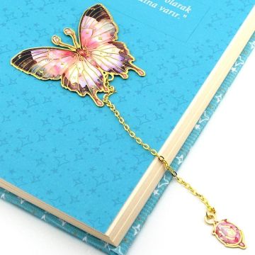 Renkli Çiçek Tonları Kelebek Altın Rengi Metal Kitap Ayracı Zincirli AY004