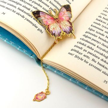 Renkli Çiçek Tonları Kelebek Altın Rengi Metal Kitap Ayracı Zincirli AY004