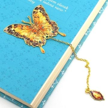 Renkli Bahar Çiçekleri Tonları Kelebek Altın Rengi Metal Kitap Ayracı Zincirli AY005