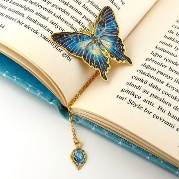 Yıldızlı Gece Tonları Kelebek Altın Rengi Metal Kitap Ayracı Zincirli AY006