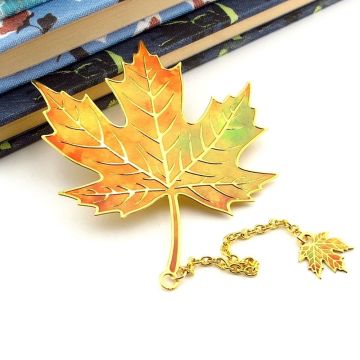 Sonbahar Renkleri Çınar Yaprak Altın Rengi Metal Kitap Ayracı Zincirli AY008