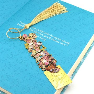 Vincent  Van Gogh Pembe Mor Çiçekler Altın Rengi Metal Kitap Ayracı Püsküllü AY010