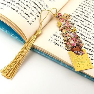 Vincent  Van Gogh Pembe Mor Çiçekler Altın Rengi Metal Kitap Ayracı Püsküllü AY010