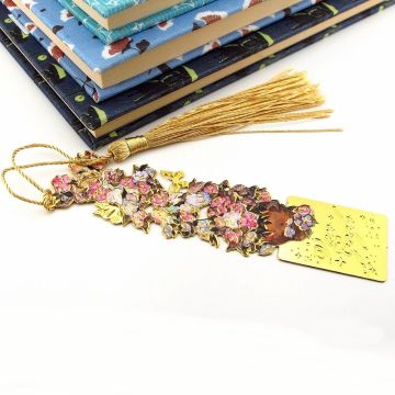 Vincent  Van Gogh Pembe Mor Çiçekler Altın Rengi Metal Kitap Ayracı Püsküllü AY010