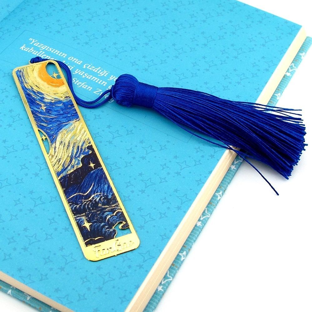 Vincent Van Gogh Yıldızlı Gece Altın Rengi Metal Kitap Ayracı Püsküllü AY012