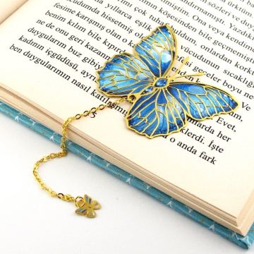 Mavi Kelebek Vintage Zincirli Bookmark Okuyucu Metal Ayraç Kitap Ayracı AY018
