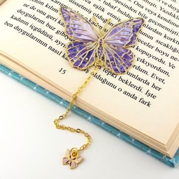 Mor Kelebek Vintage Zincirli Bookmark Okuyucu Metal Ayraç Kitap Ayracı AY020