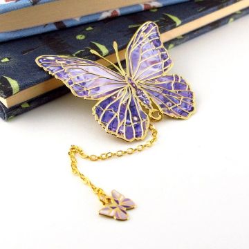 Mor Kelebek Vintage Zincirli Bookmark Okuyucu Metal Ayraç Kitap Ayracı AY020