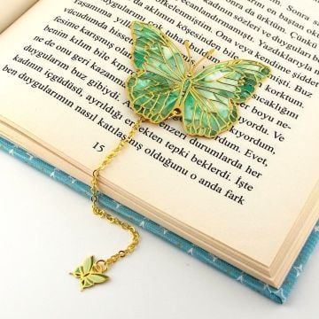 Yeşil Kelebek Vintage Zincirli Bookmark Okuyucu Metal Ayraç Kitap Ayracı AY021