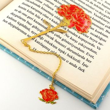 Kırmızı Karanfil Çiçeği Çiçek Altın Rengi Metal Ayraç Kitap Ayracı Zincirli AY024